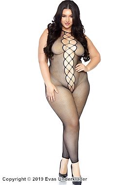 Freizügiger Bodystocking, kleines Netz, Schnürung, offener Schritt, ärmellos, Plus Size